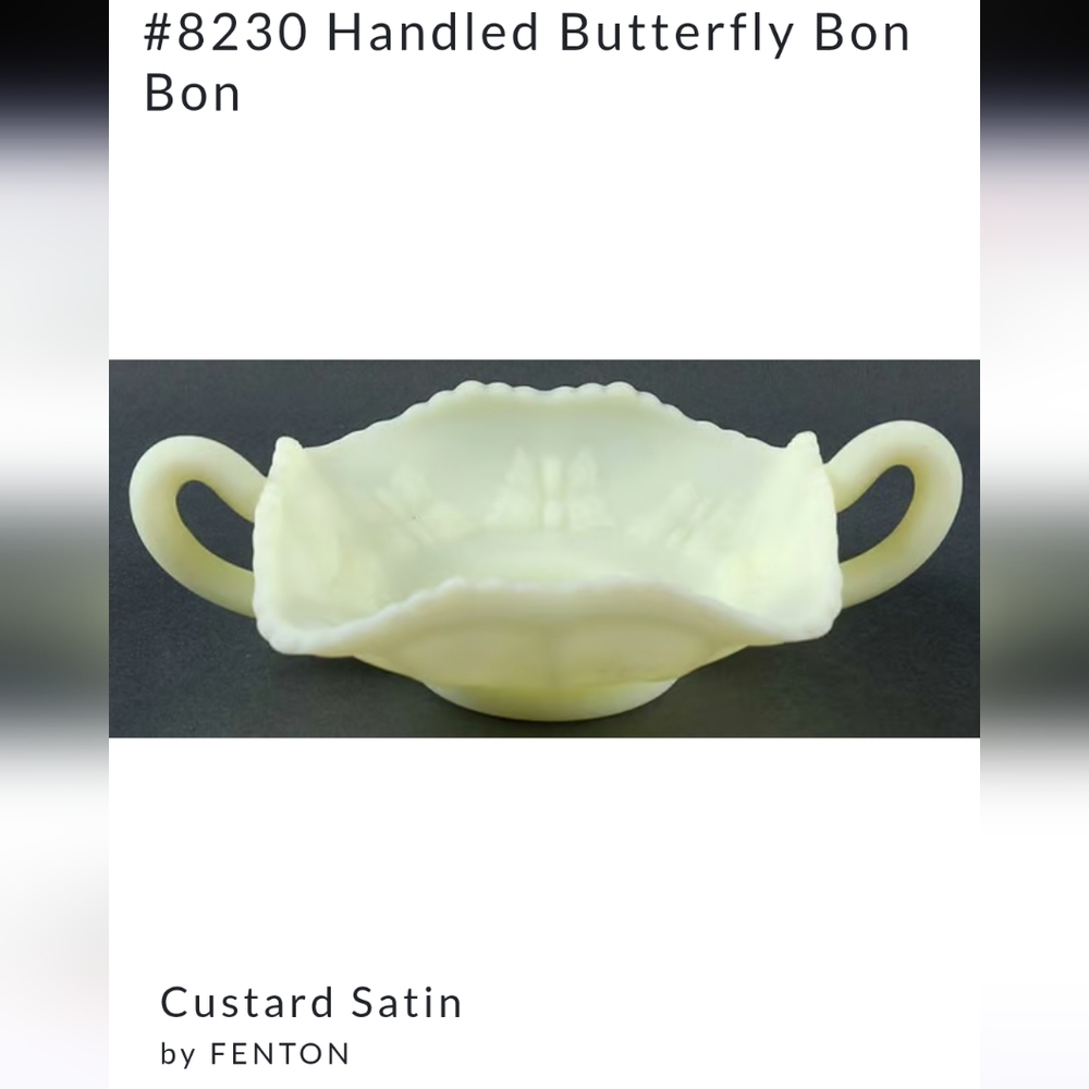 Fenton Custard Satin double handled dish, butterfly GLOWS